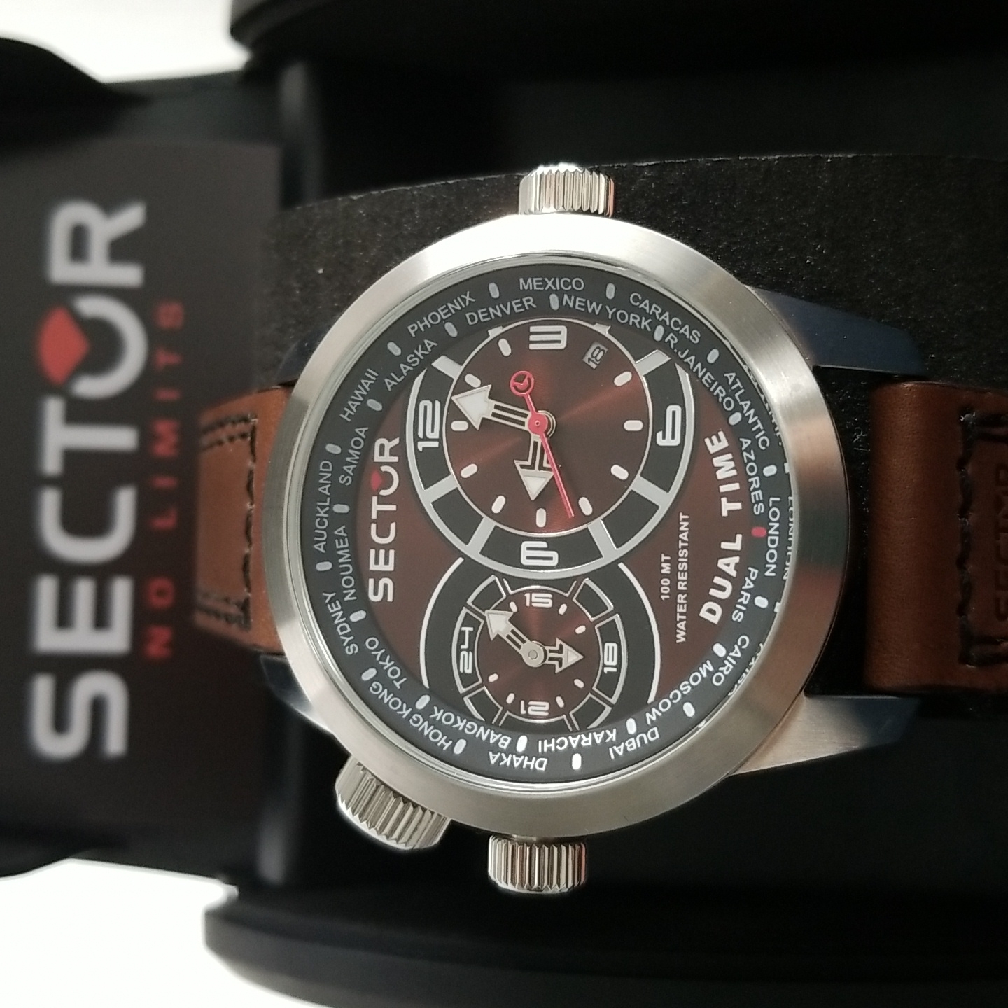 Sector Men Watch. Brown Leather Strap Has Dual Time For Traveling. New With Box